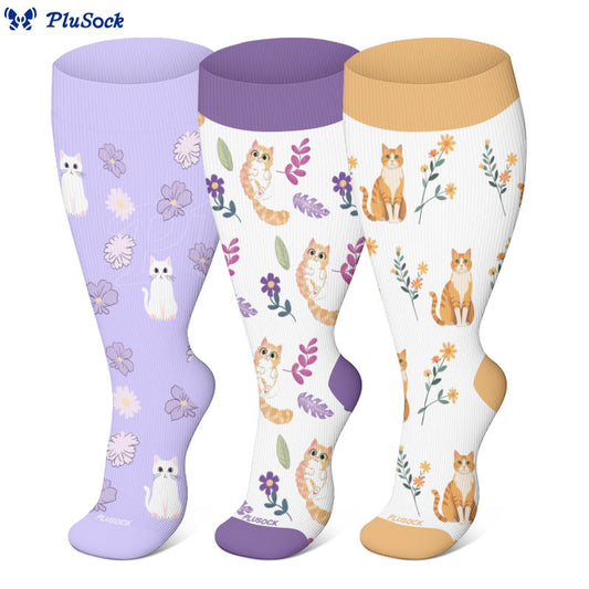 Plusock Plus Size Cat Flowers Compression Socks