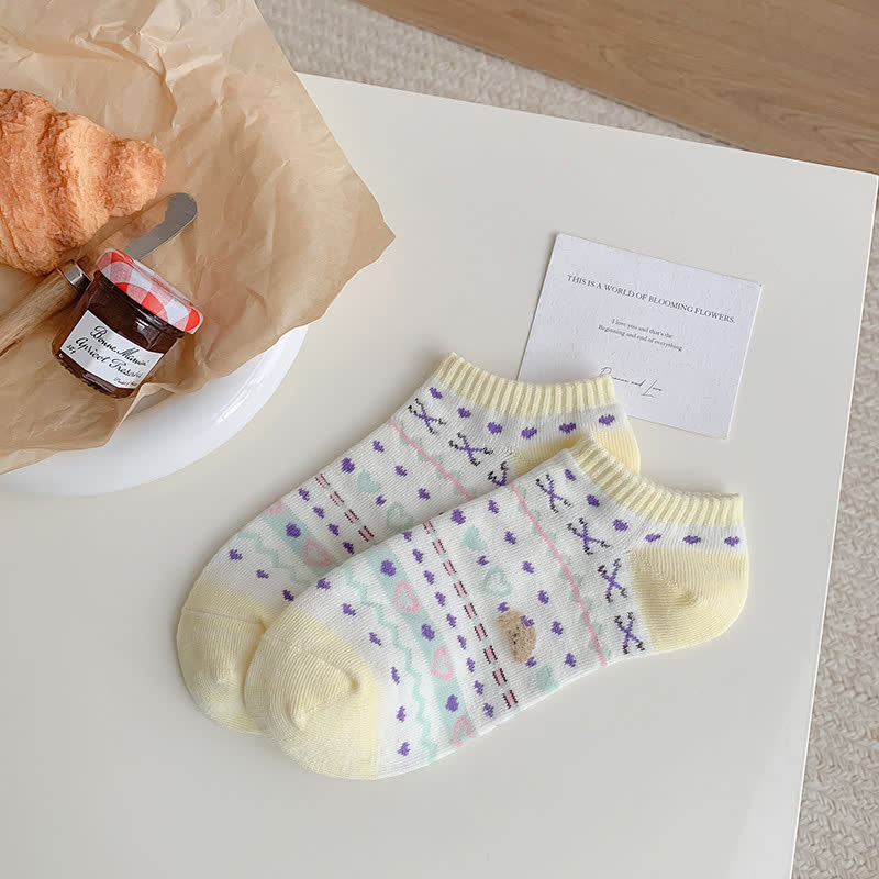 Heart Bear Striped No Show Socks(5 Pairs)