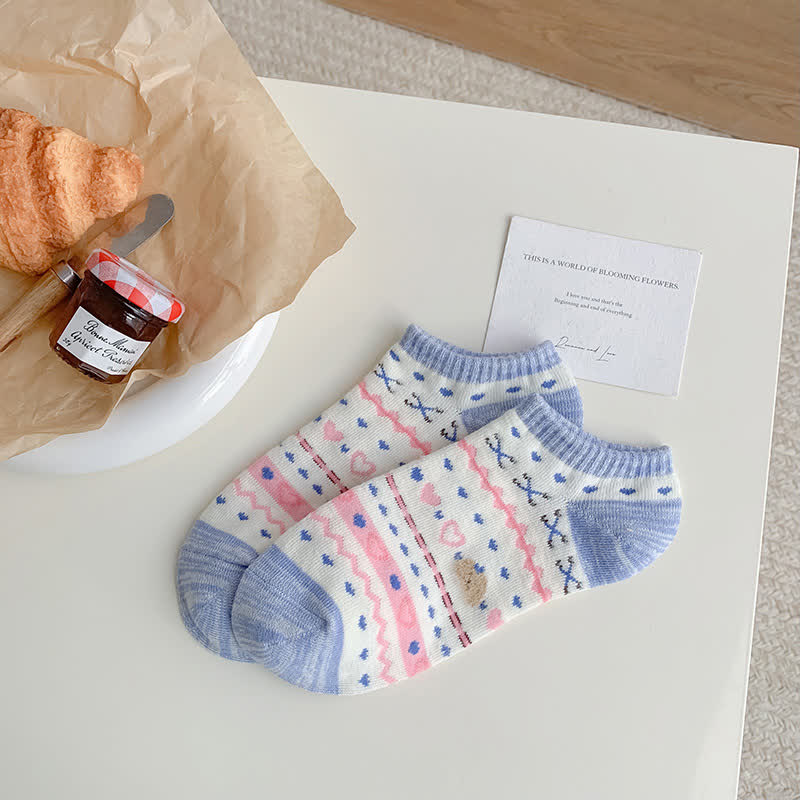 Heart Bear Striped No Show Socks(5 Pairs)