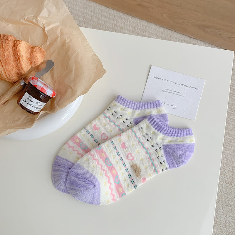 Heart Bear Striped No Show Socks(5 Pairs)