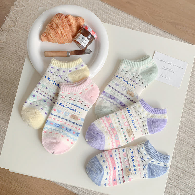 Heart Bear Striped No Show Socks(5 Pairs)