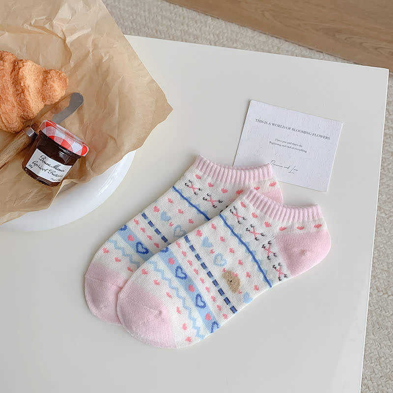Heart Bear Striped No Show Socks(5 Pairs)
