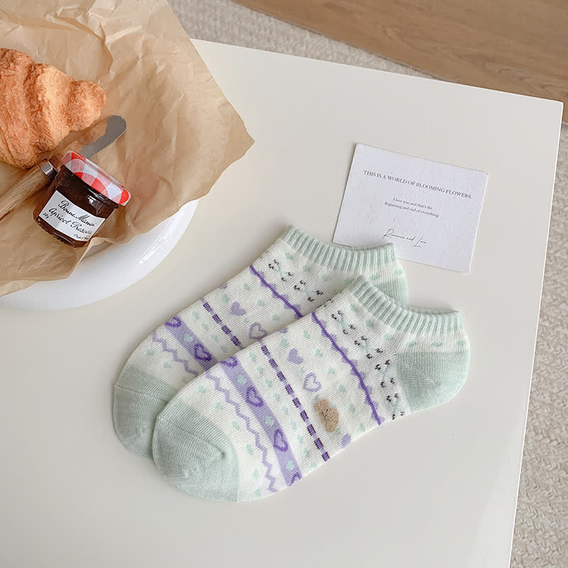 Heart Bear Striped No Show Socks(5 Pairs)