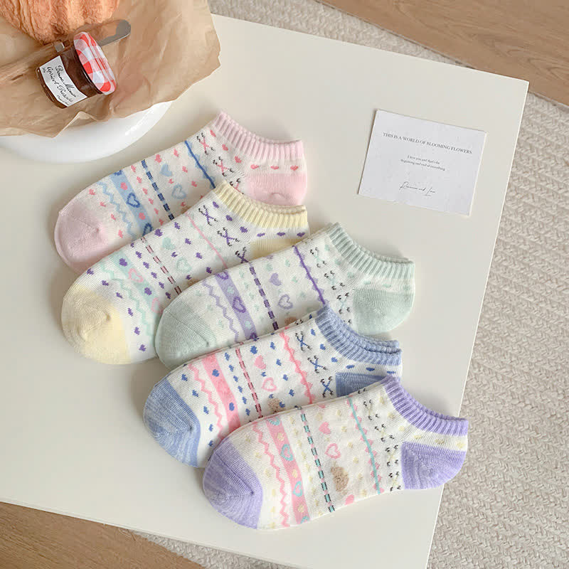 Heart Bear Striped No Show Socks(5 Pairs)