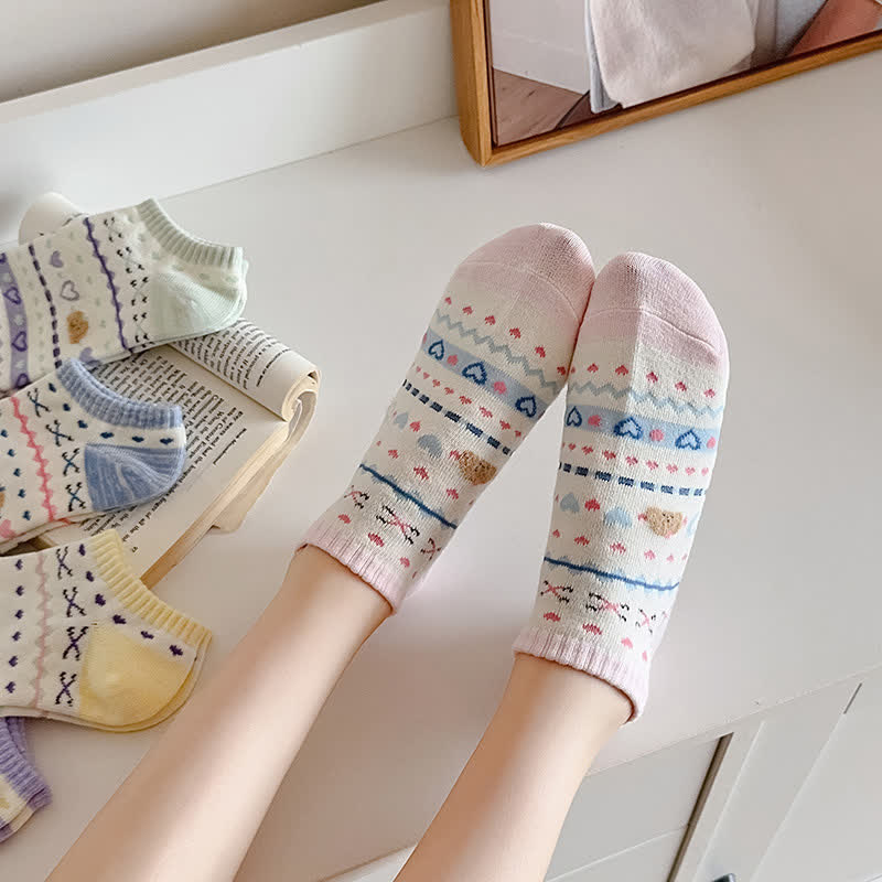 Heart Bear Striped No Show Socks(5 Pairs)