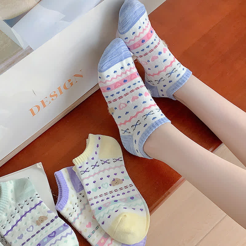 Heart Bear Striped No Show Socks(5 Pairs)