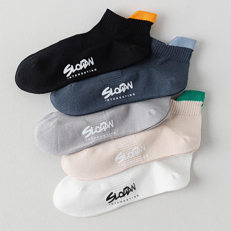 Color Block Letter Print Cotton Ankle Socks(5 Pairs)