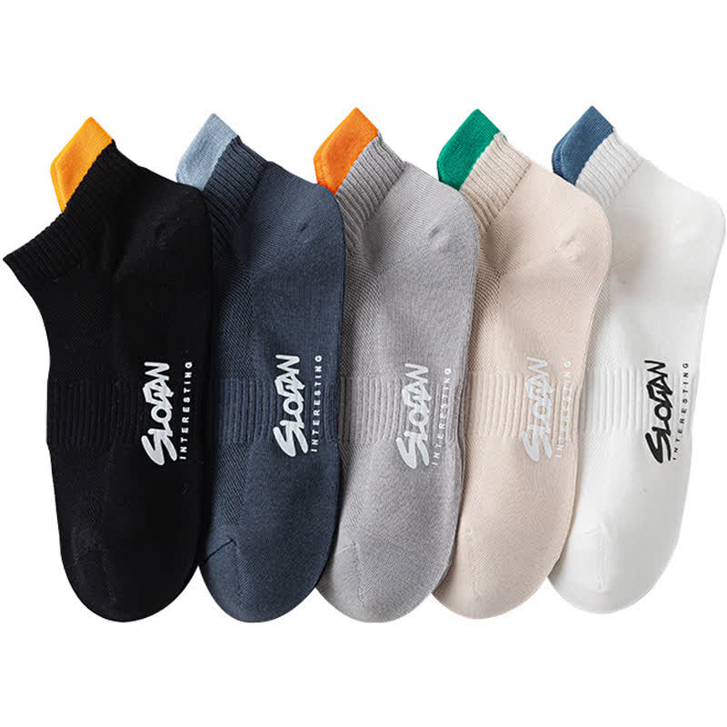Color Block Letter Print Cotton Ankle Socks(5 Pairs)