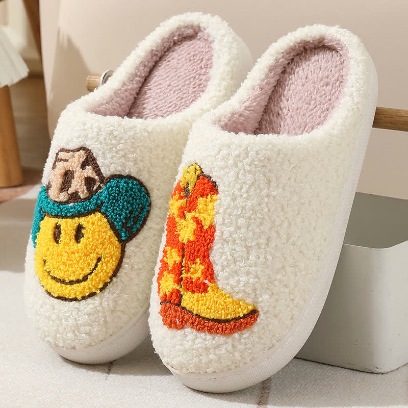 Cute Emoji Print Fluffy Home Slippers