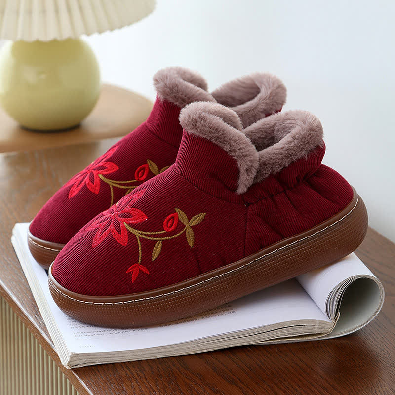 Flower Embroidered Home Non-slip Warm Slippers