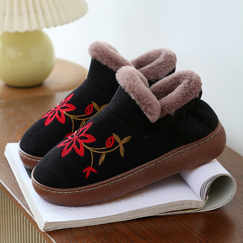 Flower Embroidered Home Non-slip Warm Slippers