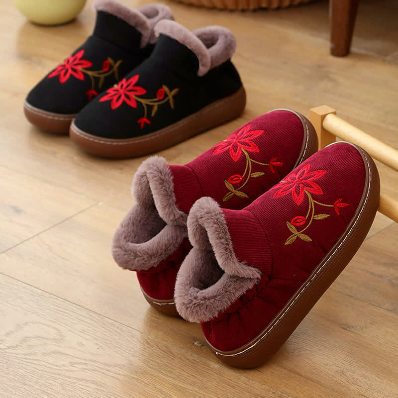Flower Embroidered Home Non-slip Warm Slippers