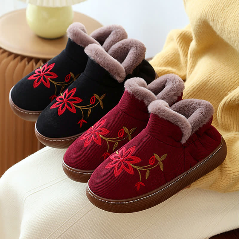 Flower Embroidered Home Non-slip Warm Slippers