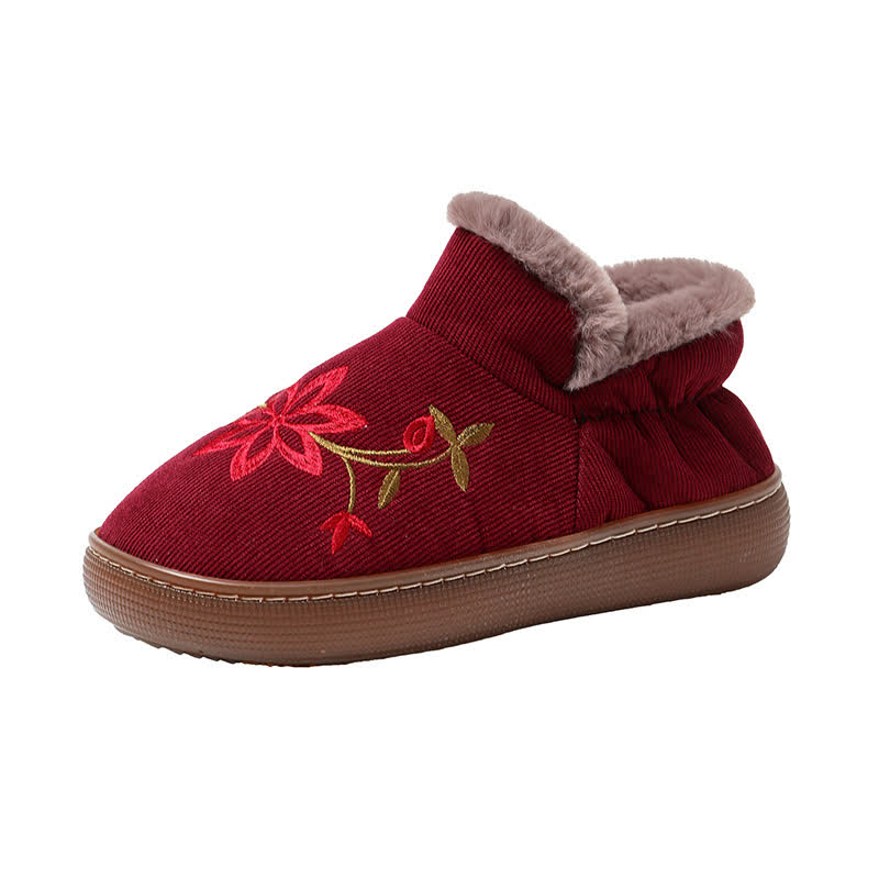 Flower Embroidered Home Non-slip Warm Slippers