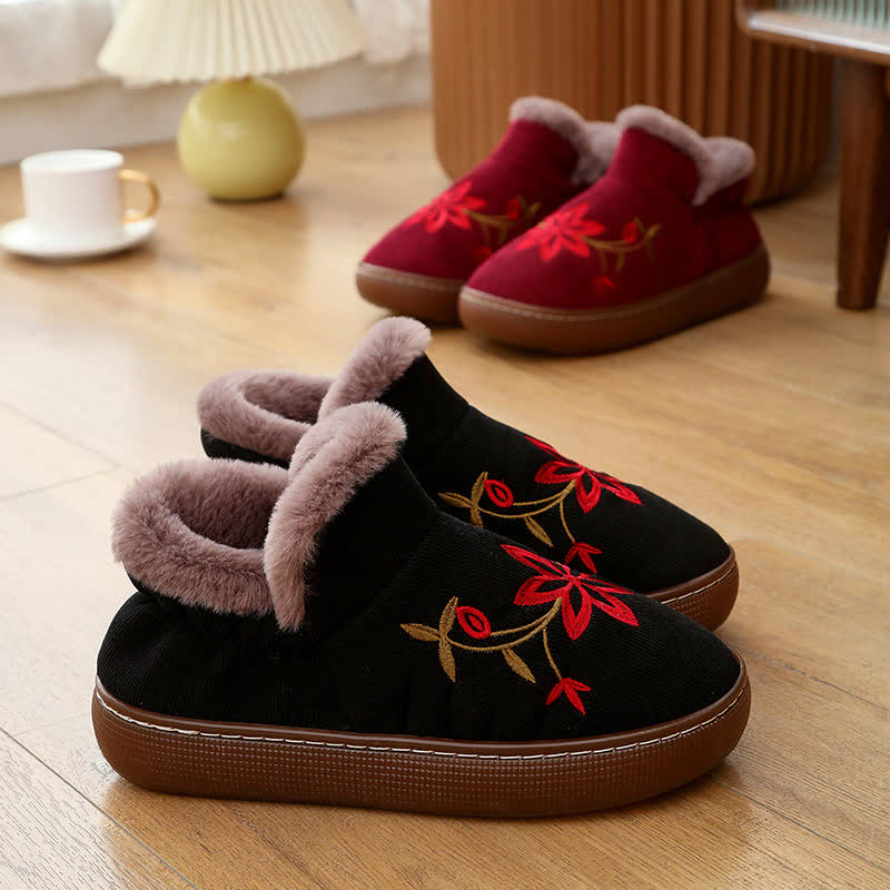 Flower Embroidered Home Non-slip Warm Slippers