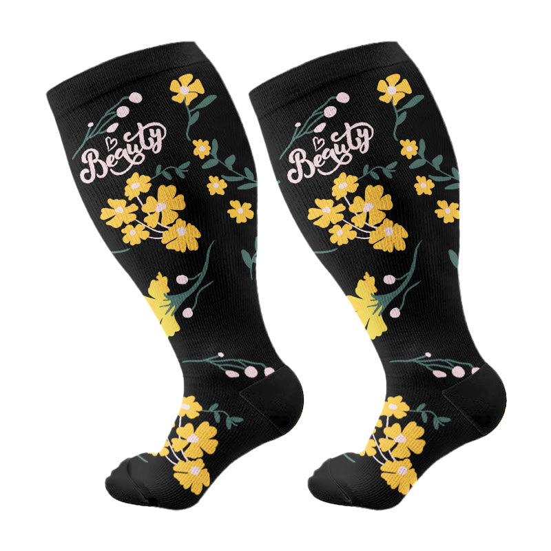 Plus Size Painted Flower Bird Compression Socks(3 Pairs)