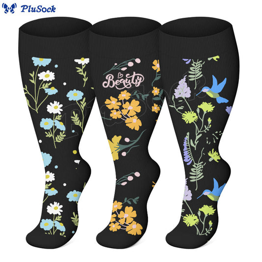 Plusock Plus Size Painted Flower Bird Compression Socks