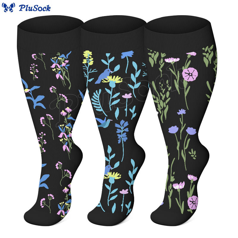 Plus Size Painted Flowers Compression Socks(3 Pairs)