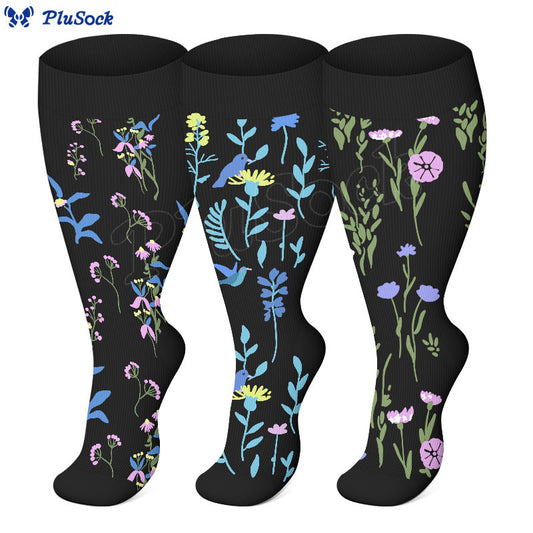 Plusock Plus Size Painted Flowers Compression Socks