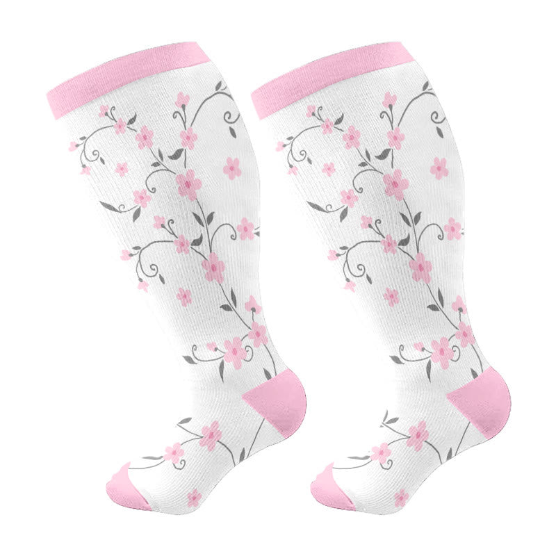 Plus Size Pink Flowers Compression Socks - White - 4XL - image 6