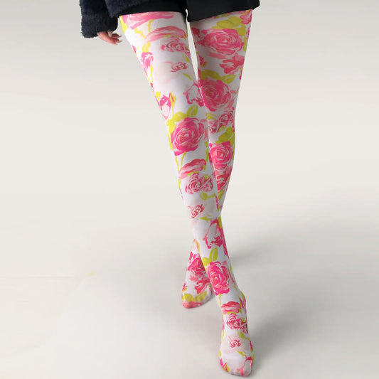 Plusock Vintage Butterfly Floral Print White Pantyhose