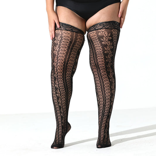 Plusock Lace Trim Jacquard Fishnet Thigh High Stockings(2 Pairs)