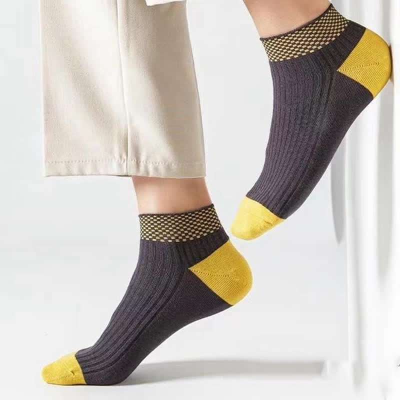 Breathable Bamboo Fiber Ankle Socks with Checkered Cuffs(5 Pairs)