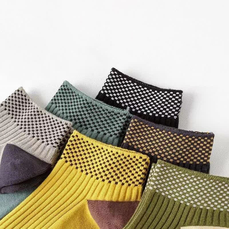 Breathable Bamboo Fiber Ankle Socks with Checkered Cuffs(5 Pairs)