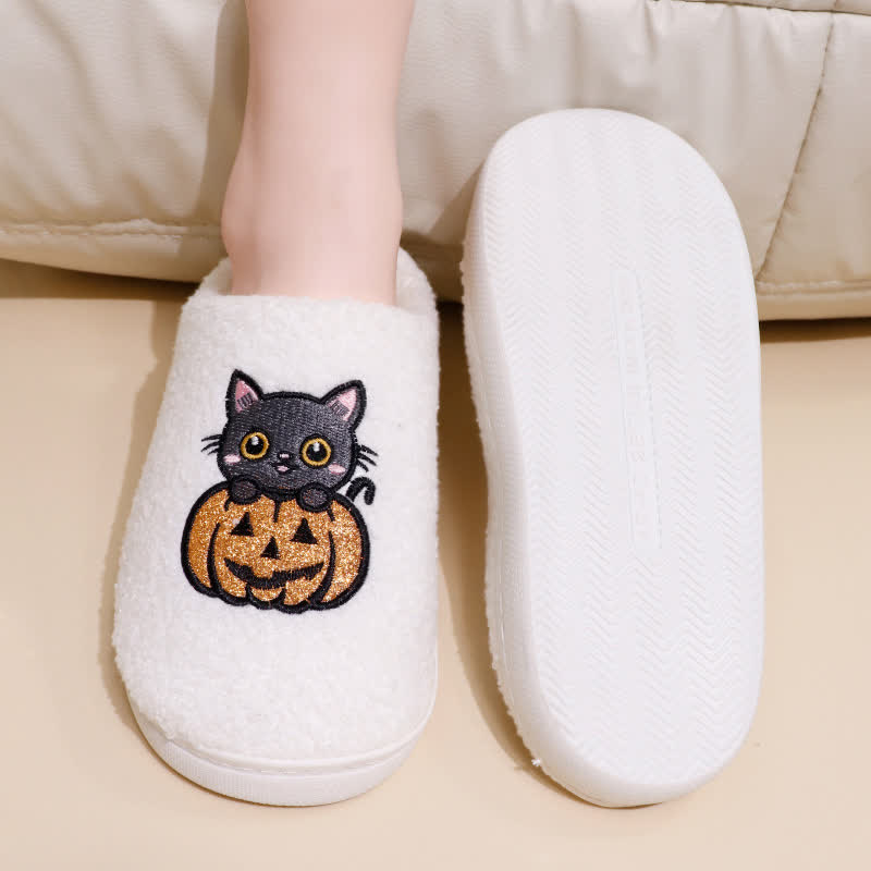 Plus Size Halloween Pumpkin Cat Print Slippers
