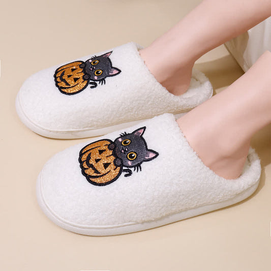 Plusock Plus Size Halloween Pumpkin Cat Print Slippers