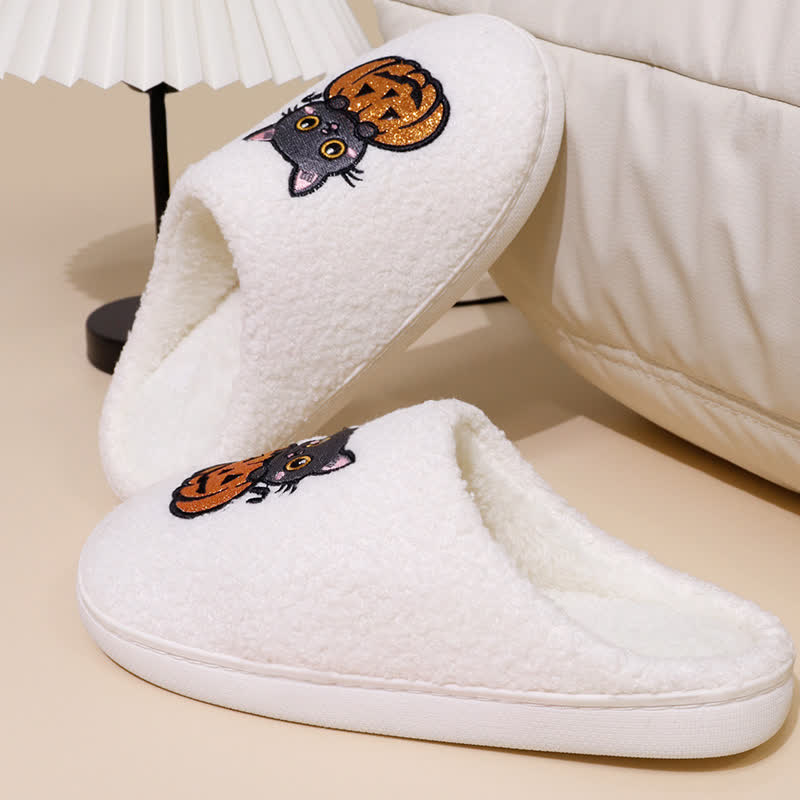 Plus Size Halloween Pumpkin Cat Print Slippers