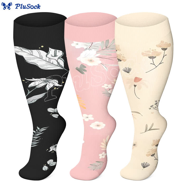 Plus Size Floral Leaf Series Compression Socks(3 Pairs)