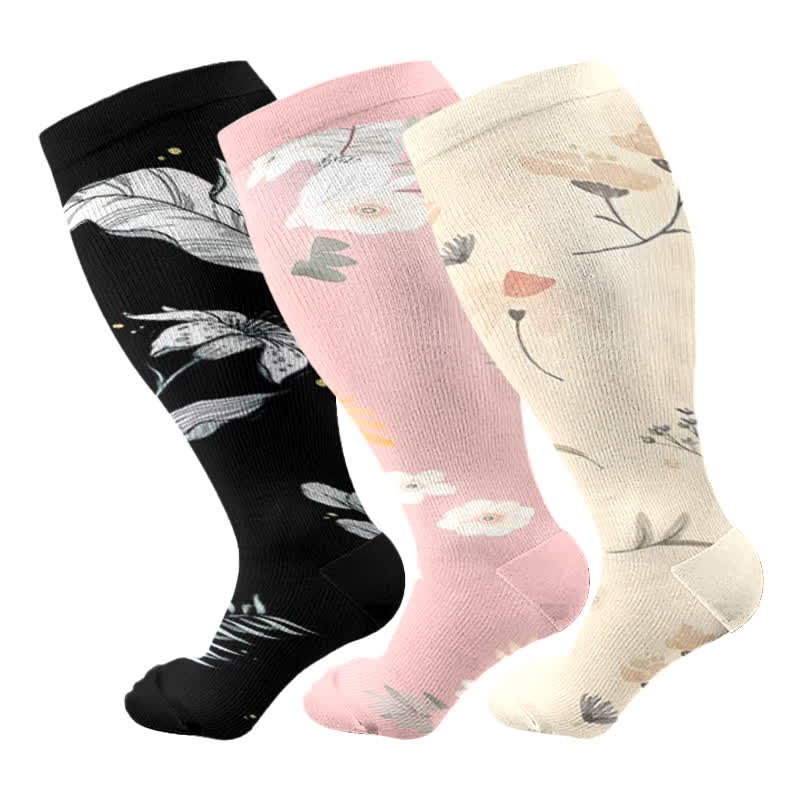 Plus Size Floral Leaf Series Compression Socks(3 Pairs)