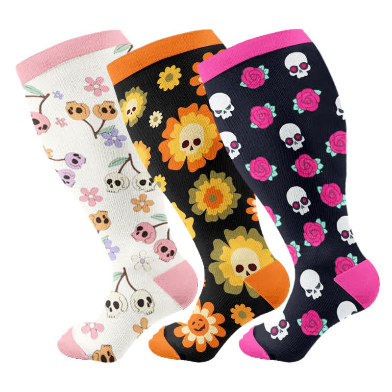 Plus Size Halloween Floral Skull Series Compression Socks