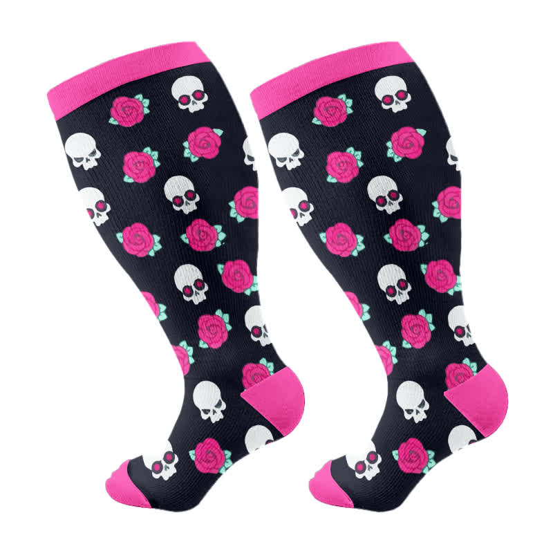 Plusock Plus Size Halloween Floral Skull  Series Compression Socks(3 Pairs) - Rose Red(1 Pair) - 4XL - image 11