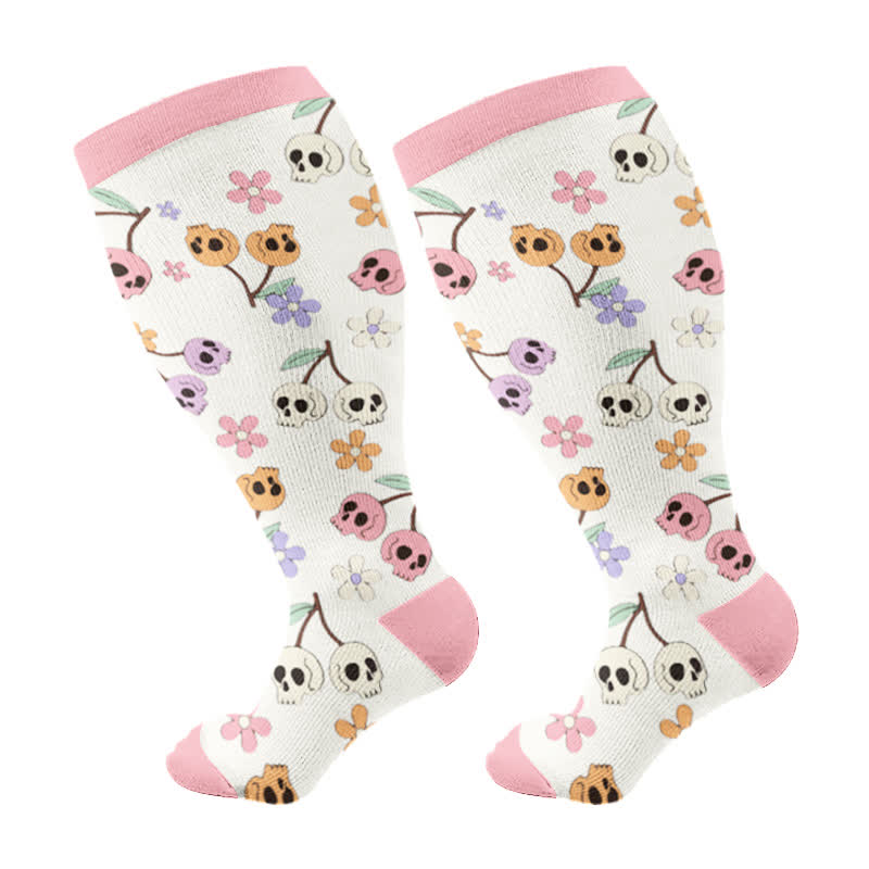 Plus Size Halloween Floral Skull  Series Compression Socks - Pink - 4XL - image 5