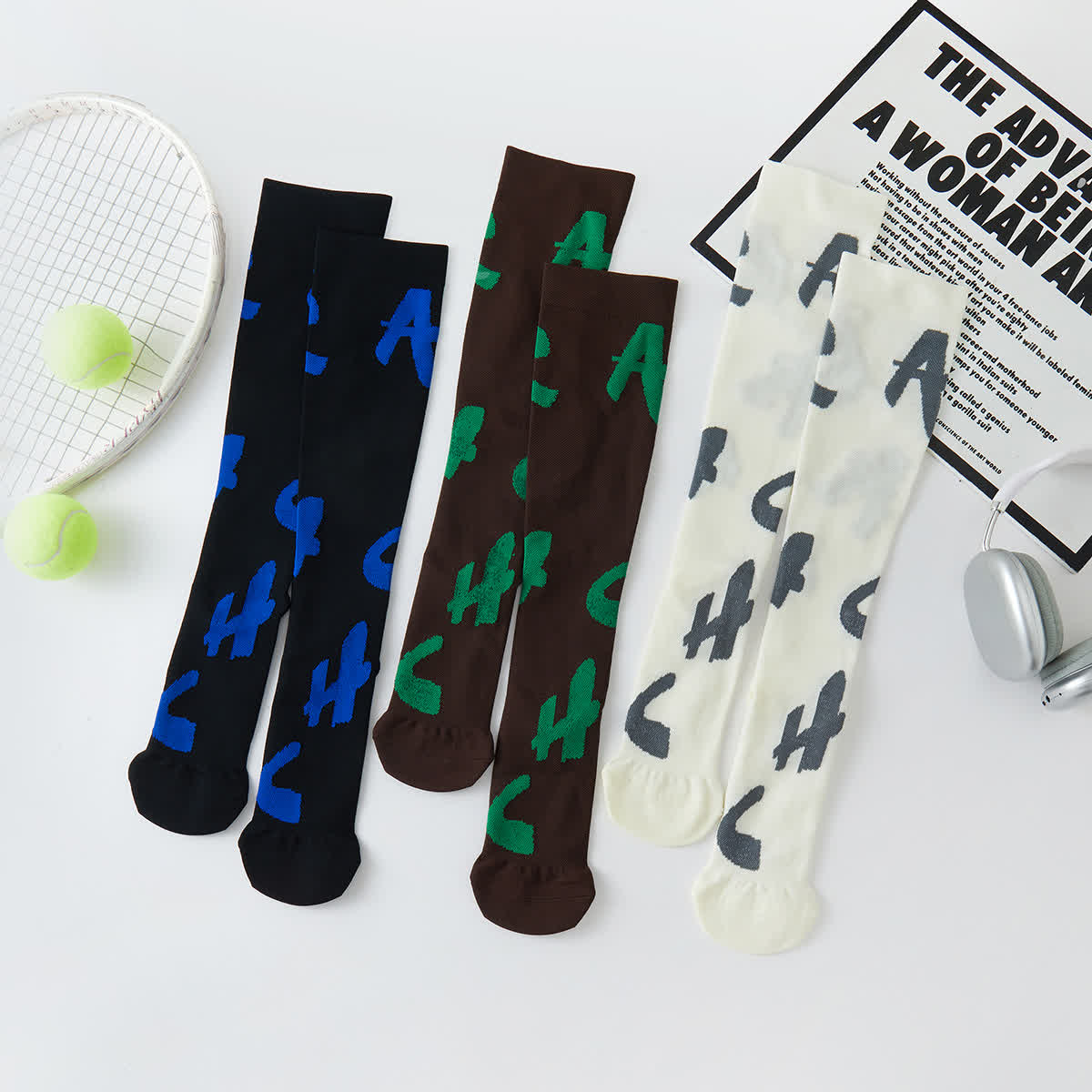 Cactus Letter Print Compression Knee High Socks(3 Pairs)