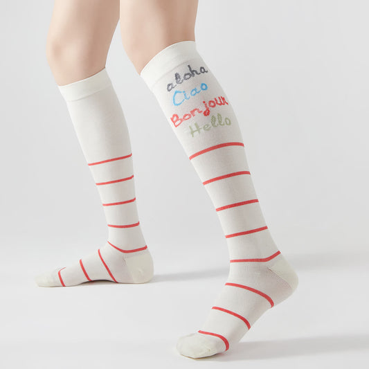 Plusock Letter Stripe Print Compression Knee High Socks(2 Pairs)