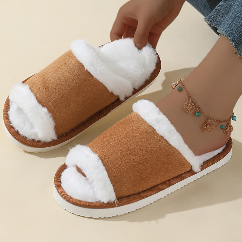 Suede Slippers with Fur Trim