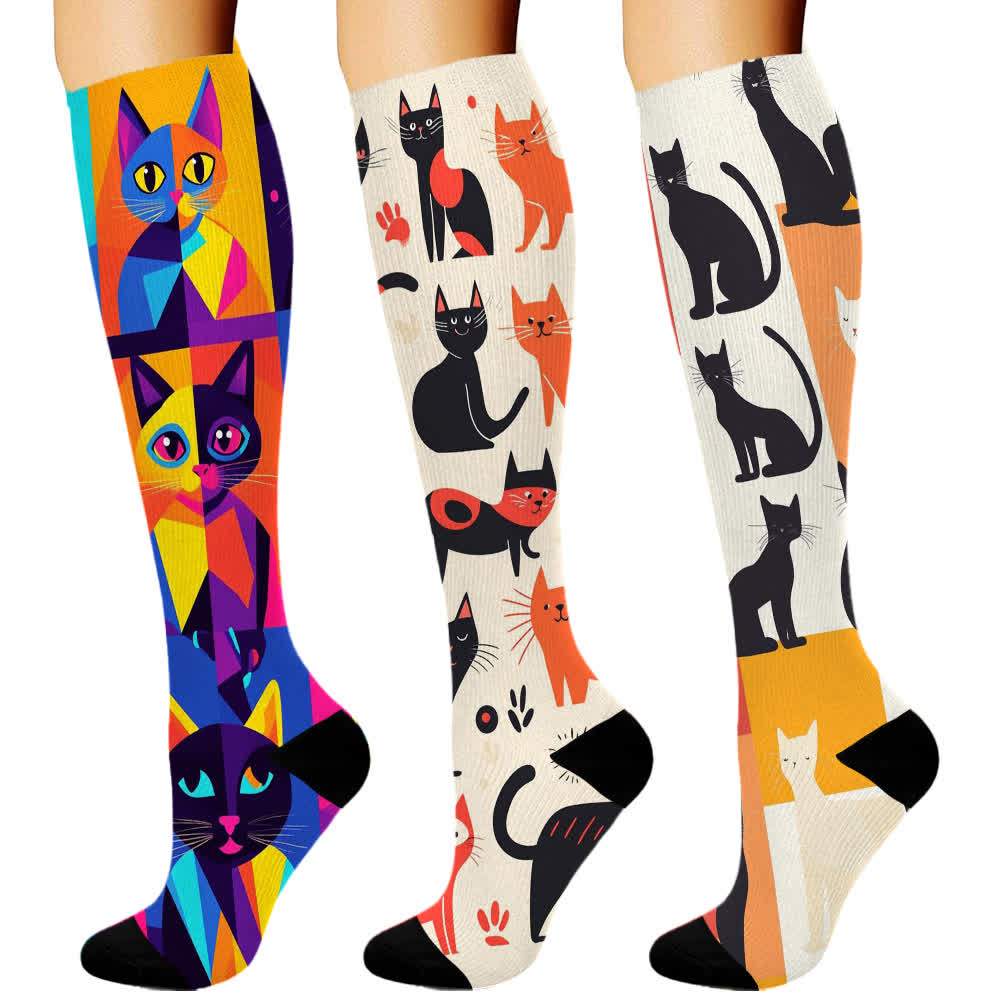 Artistic Cat Print Series Compression Socks(3 Pairs)