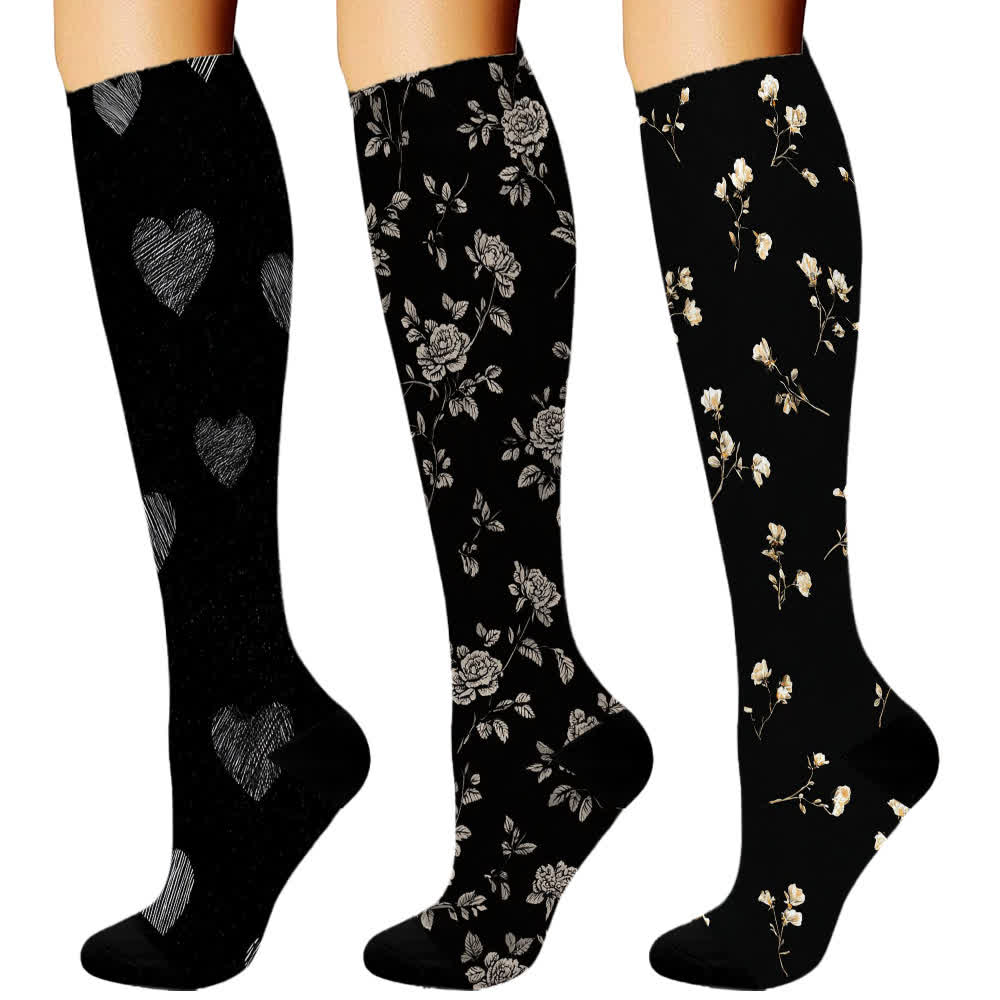 Peony Heart Series Knee High Compression Socks(3 Pairs) - Black - S/M - image 1