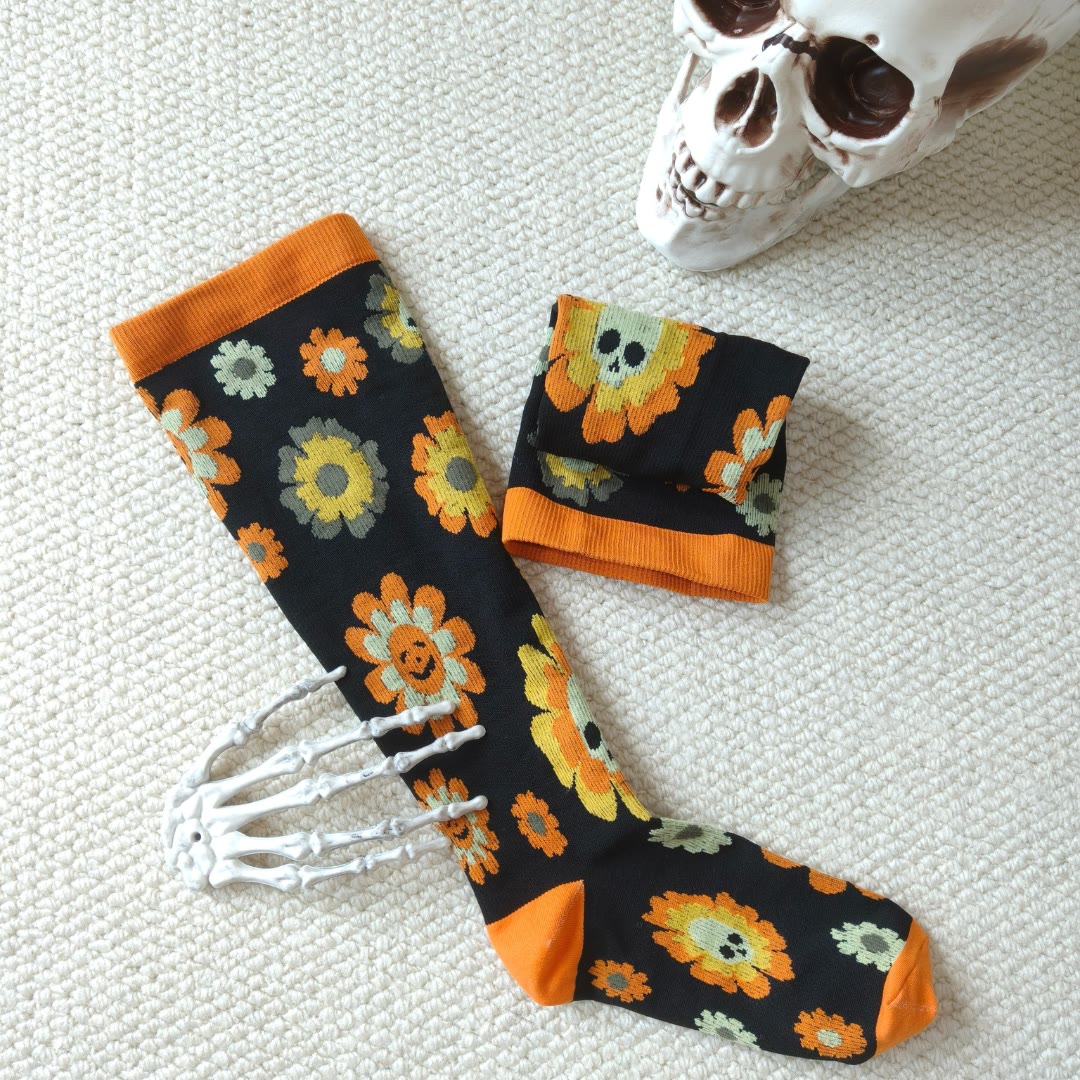Plusock Plus Size Halloween Floral Skull  Series Compression Socks(3 Pairs) - image 2