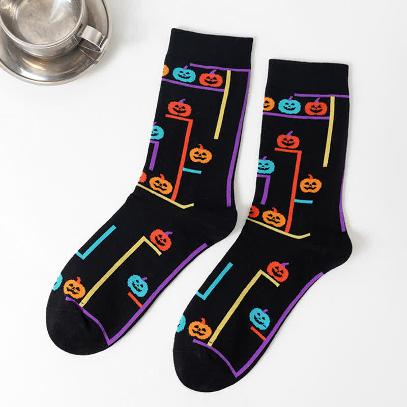 Plus Size Halloween Fun Pumpkin Skull Quarter Socks(6 Pairs) - Black - A - EU36-44(US4-10) - image 5