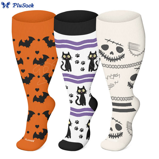 Plus Size Halloween Cute Bat Cat Print Compression Socks(3 Pairs) - image 1