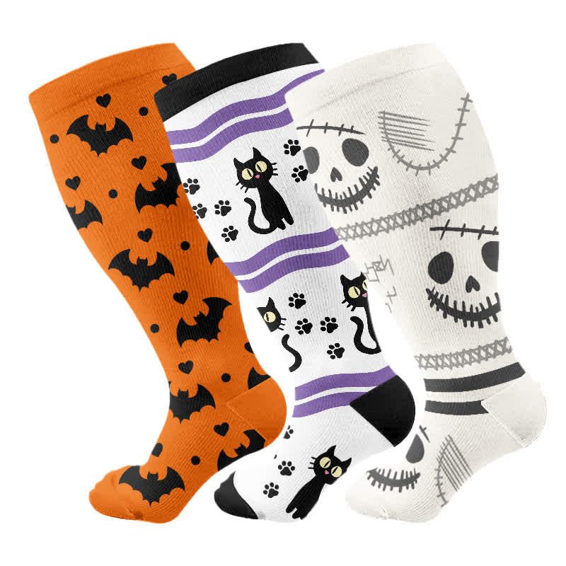 Plus Size Halloween Cute Bat Cat Print Compression Socks(3 Pairs) - Multicolor - 4XL - image 5