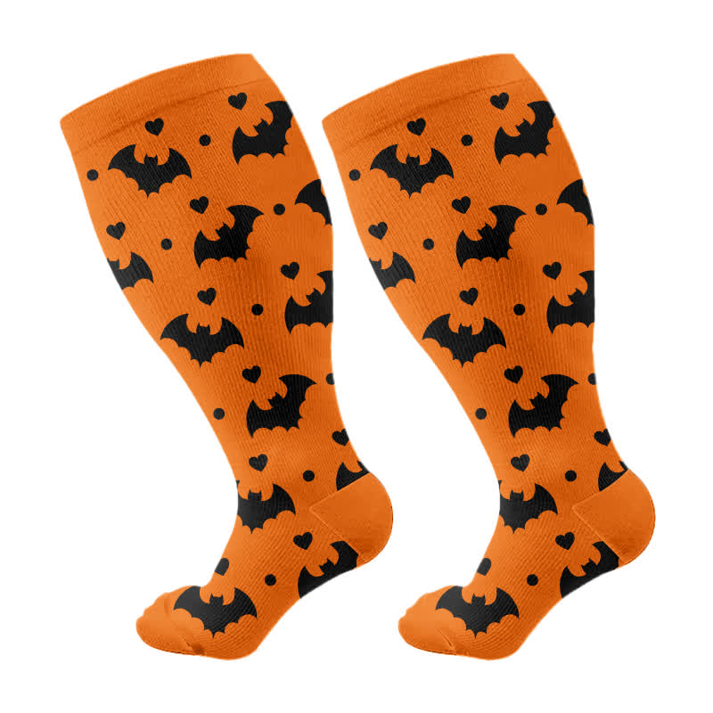 Plus Size Halloween Cute Bat Cat Print Compression Socks(3 Pairs) - Orange(1 Pair) - 4XL - image 6