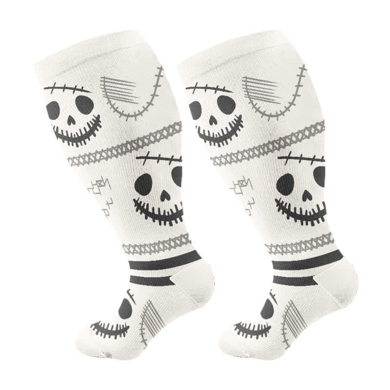 Plus Size Halloween Cute Bat Cat Print Compression Socks(3 Pairs) - Beige(1 Pair) - 4XL - image 8