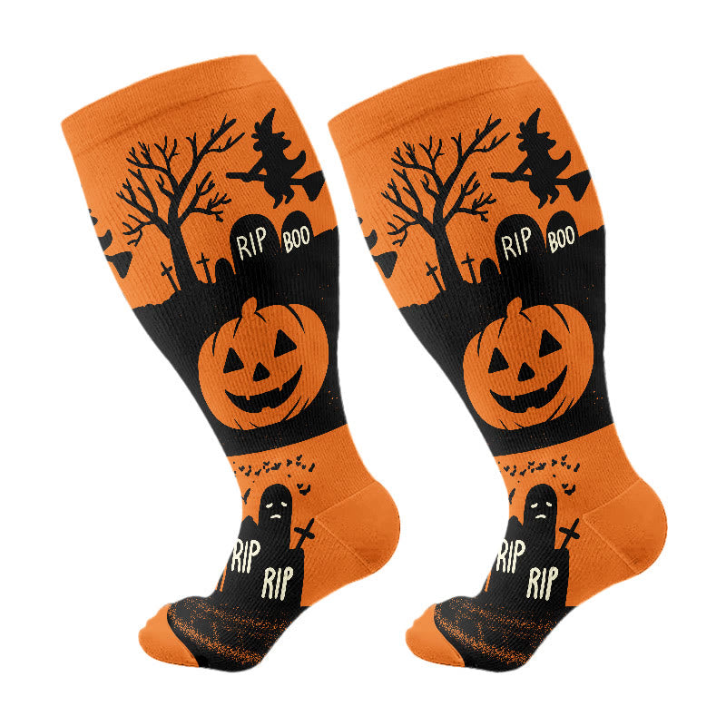 Plus Size Halloween Cat Spider Compression Socks(3 Pairs) - Orange(1 Pair) - 4XL - image 8