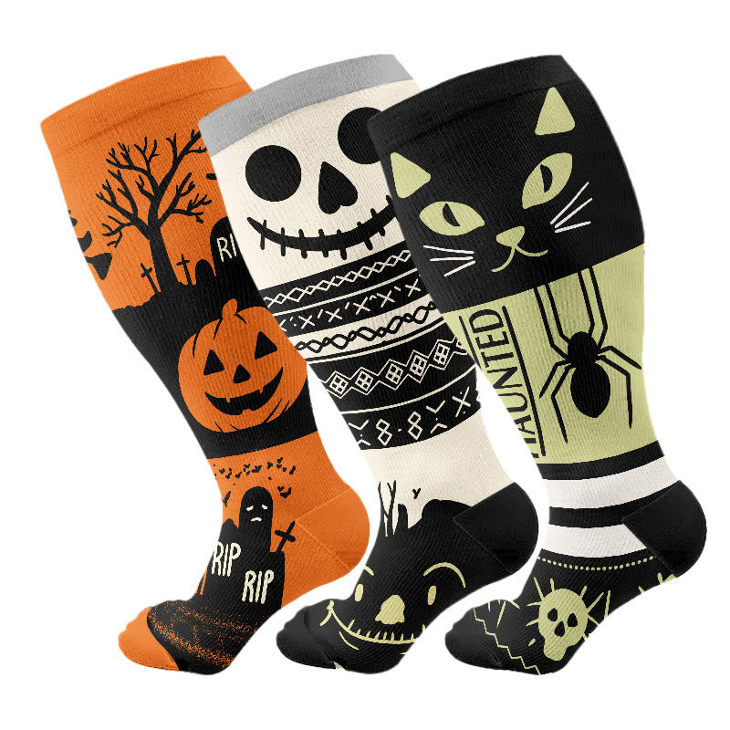 Plus Size Halloween Cat Spider Compression Socks(3 Pairs) - Multicolor - 4XL - image 2