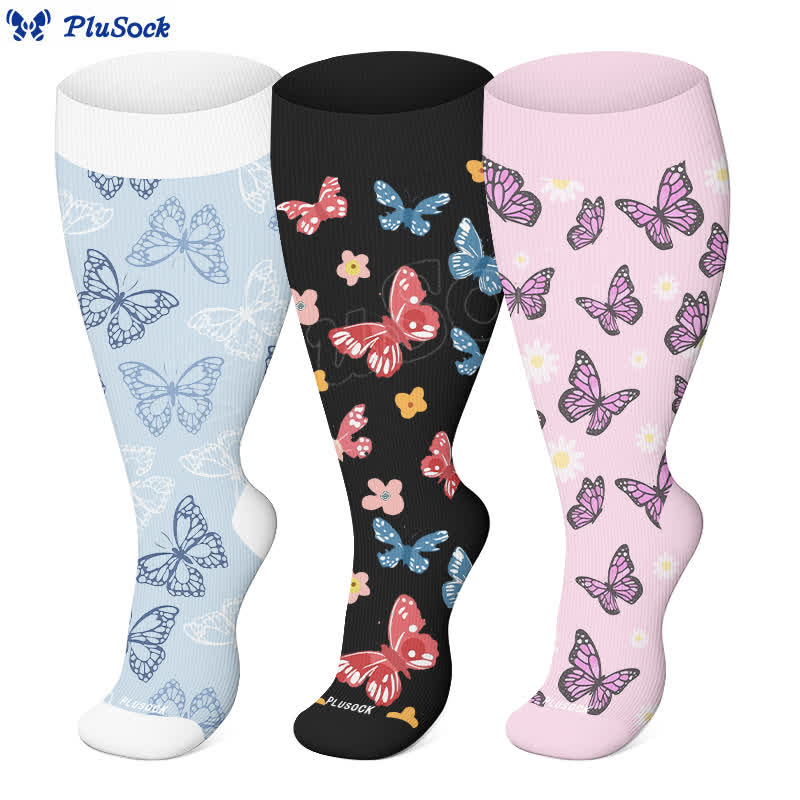 Plus Size Butterfly Flower Series Compression Socks(3 Pairs) - image 1